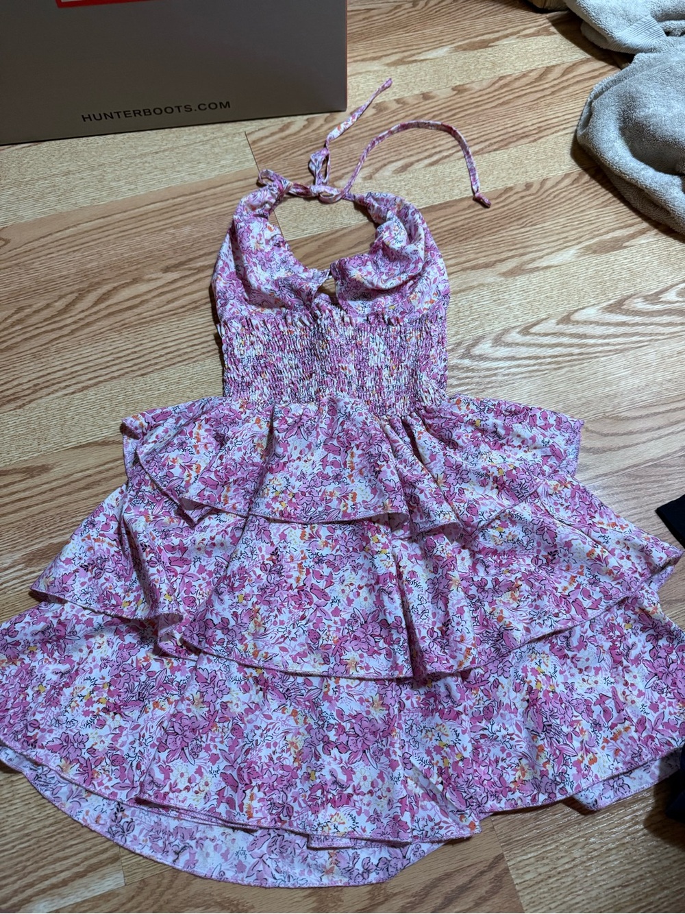 SHEIN Pink Floral Halter Tiered Ruffle Mini Dress